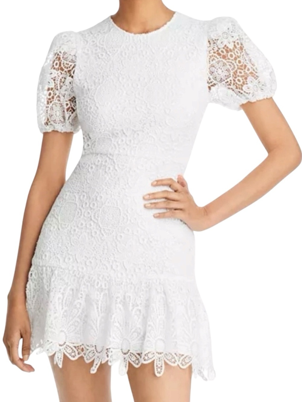Aqua White Floral Lace - Embroidered Puff-Sleeve Mini Dress, Round Neckline, M